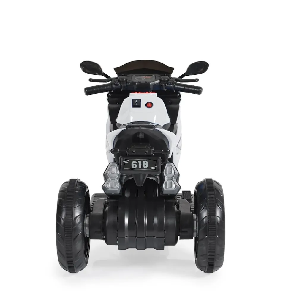 Moni Kinder Elektromotorrad Hurricane drei Räder, Musikfunktion, Rückwärtsgang weiß