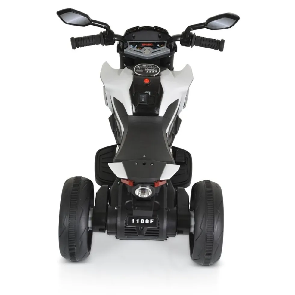 Moni Kinder Elektromotorrad Colombo Scheinwerfer, zwei Motoren, MP3, bis 7 km/h weiß uni