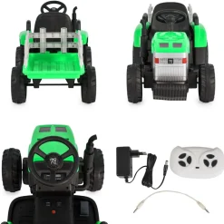 Moni Kinder Elektrotraktor Dallas mit Anhänger, Fernbedienung, Musik, Lichter grün