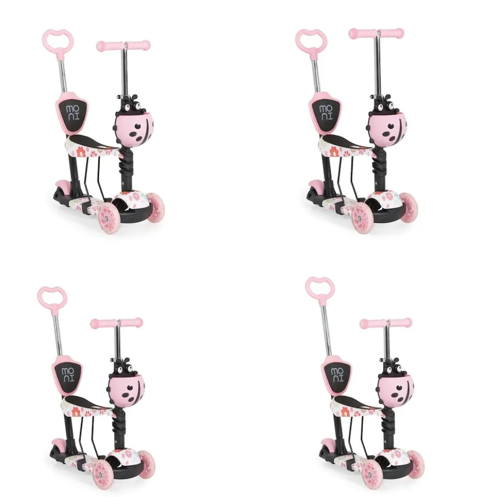 Moni Kinderroller Lollipop 3 in 1 Schiebestange, Sitz, PU-Vorderräder mit LED rosa