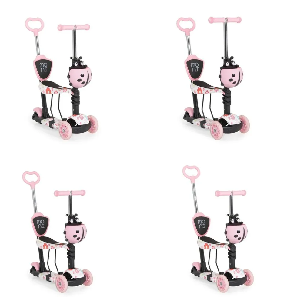 Moni Kinderroller Lollipop 3 in 1 Schiebestange, Sitz, PU-Vorderräder mit LED rosa