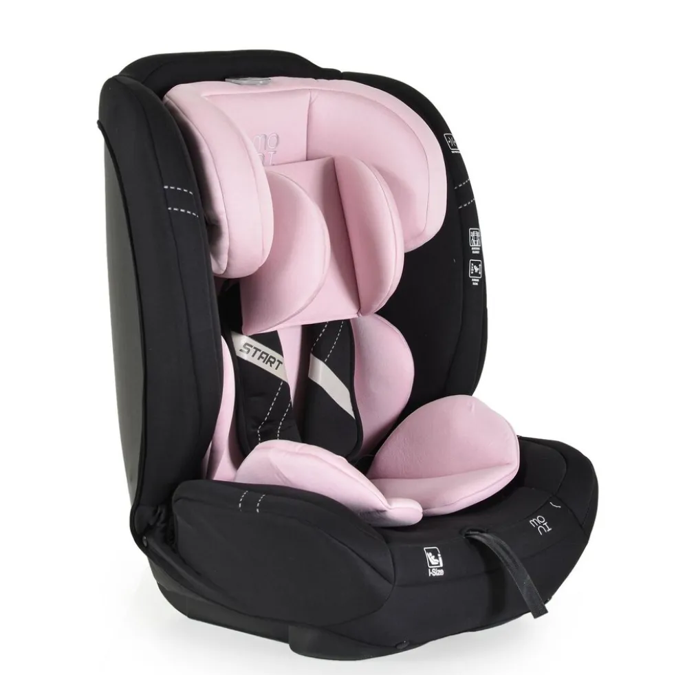 Moni Kindersitz i-Size Start (76-150cm) Kopfstütze verstellbar, Kuscheltier rosa