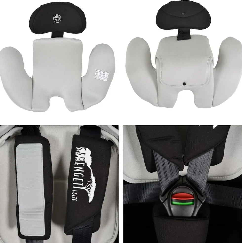 Moni Kindersitz Serengeti i-Size (40-150cm) Isofix, Kuscheltier, Nackenkissen grau