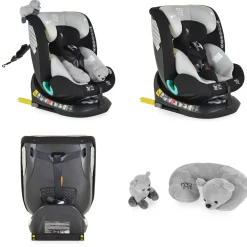Moni Kindersitz Serengeti i-Size (40-150cm) Isofix, Kuscheltier, Nackenkissen grau