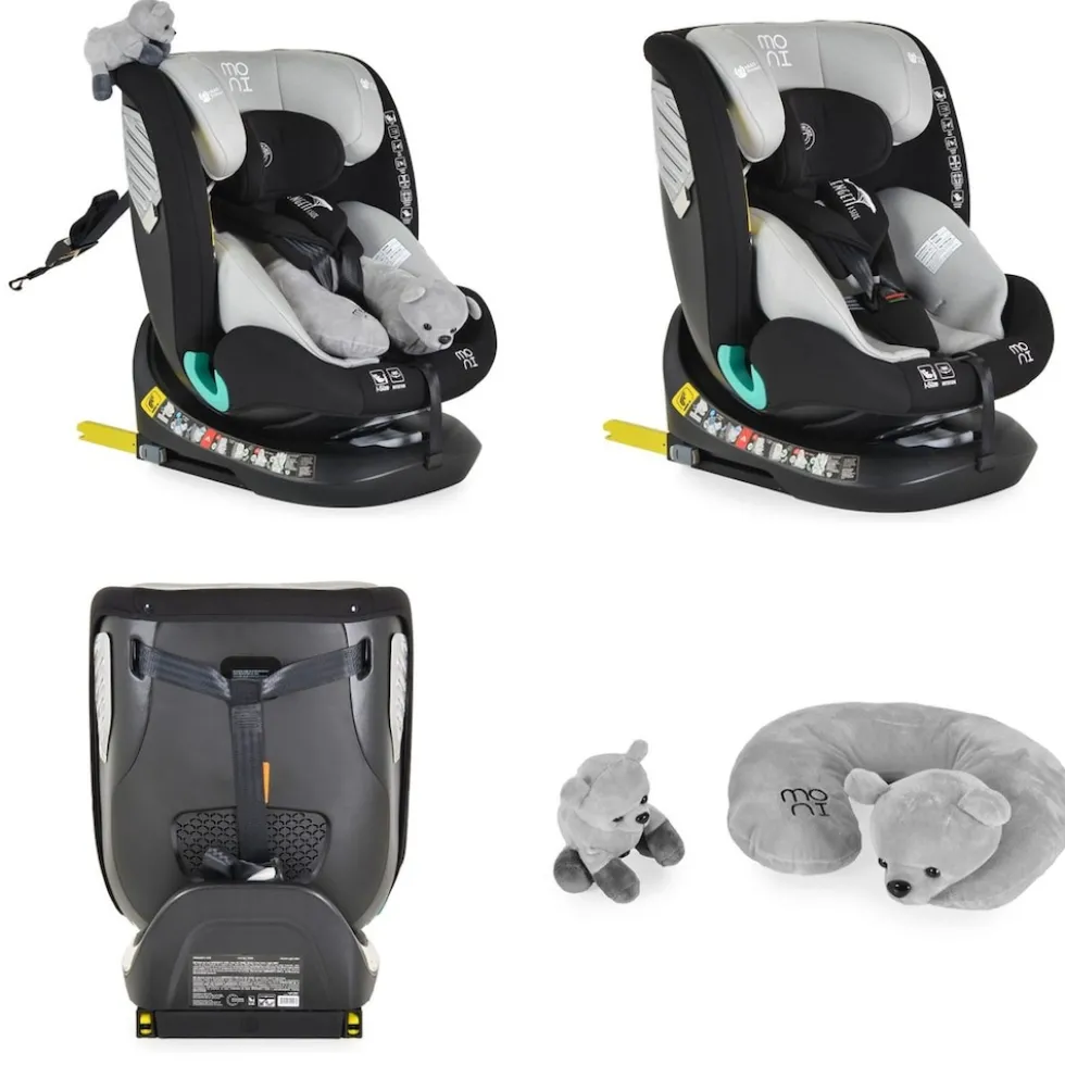 Moni Kindersitz Serengeti i-Size (40-150cm) Isofix, Kuscheltier, Nackenkissen grau