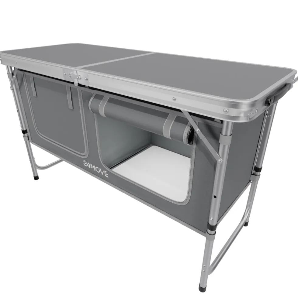 24MOVE® Campingküche PRAIA faltbar, Alu Outdoorküche mit Arbeitsplatte und Staufächern, höhenverstellbar