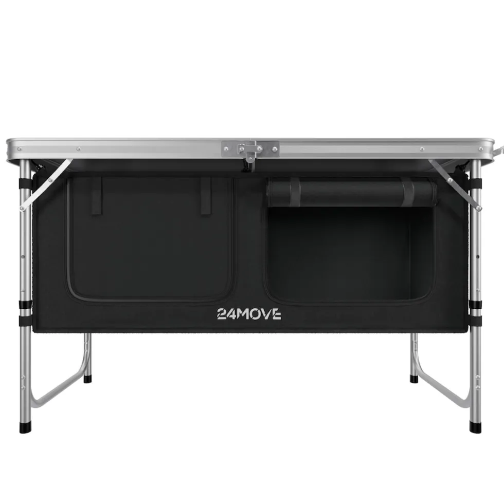 24MOVE® Campingküche PRAIA faltbar, höhenverstellbarer Campingschrank Alu Reiseküche mit Arbeitsplatte und Staufächern, Outdoor Camping, tragbar