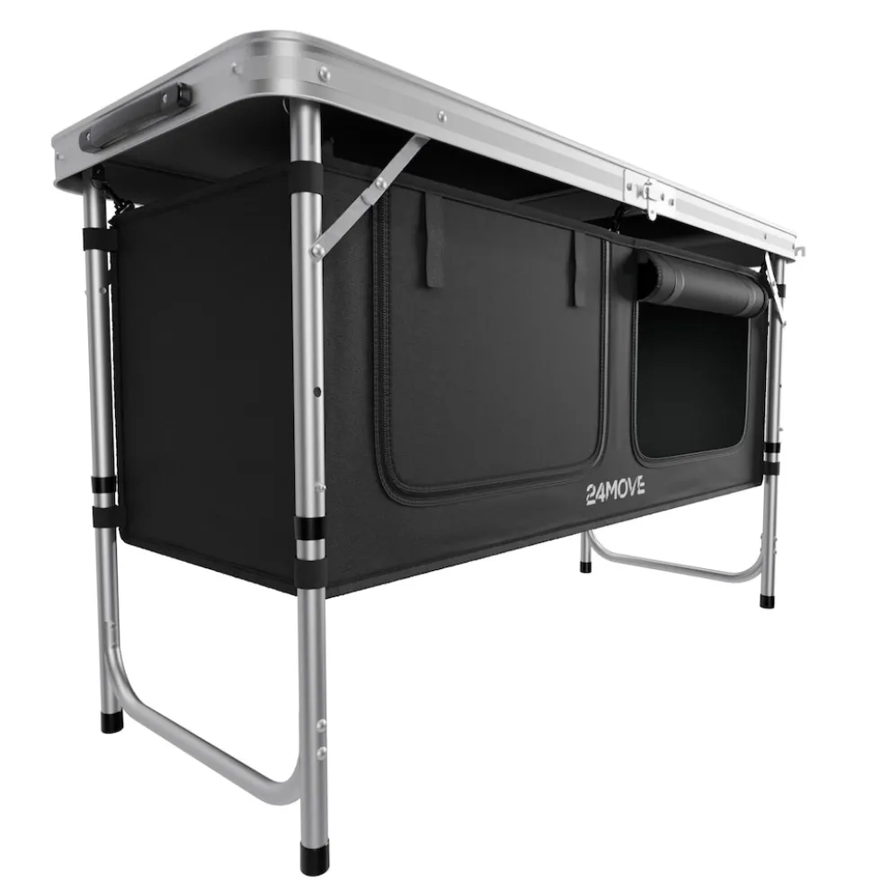24MOVE® Campingküche PRAIA faltbar, höhenverstellbarer Campingschrank Alu Reiseküche mit Arbeitsplatte und Staufächern, Outdoor Camping, tragbar