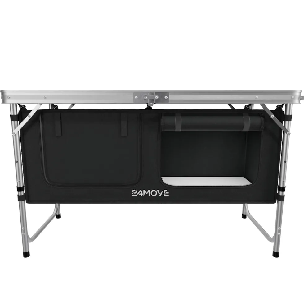 24MOVE® Campingküche PRAIA faltbar, höhenverstellbarer Campingschrank Alu Reiseküche mit Arbeitsplatte und Staufächern, Outdoor Camping, tragbar