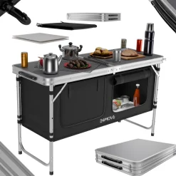 24MOVE® Campingküche PRAIA faltbar, höhenverstellbarer Campingschrank Alu Reiseküche mit Arbeitsplatte und Staufächern, Outdoor Camping, tragbar