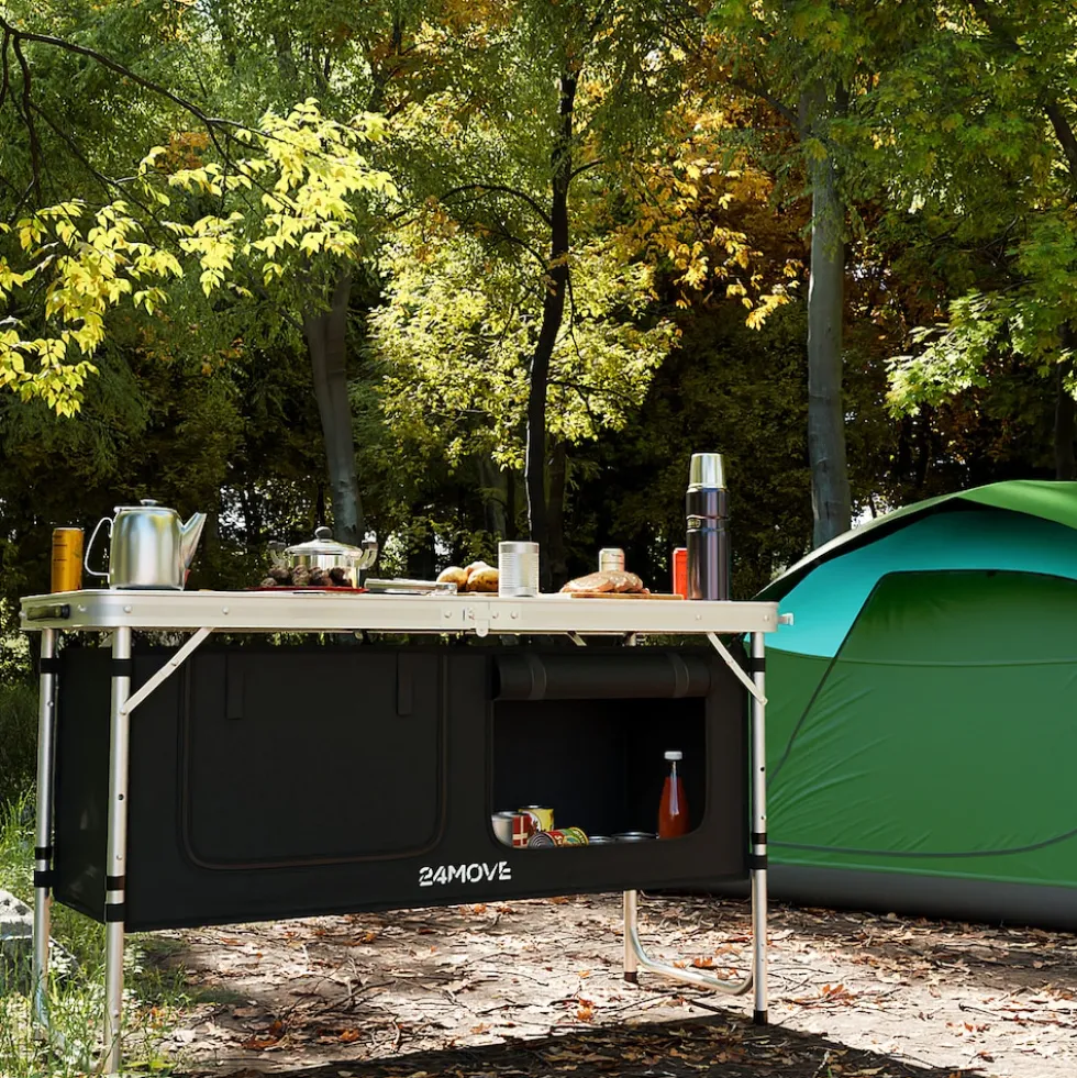 24MOVE® Campingküche PRAIA faltbar, höhenverstellbarer Campingschrank Alu Reiseküche mit Arbeitsplatte und Staufächern, Outdoor Camping, tragbar