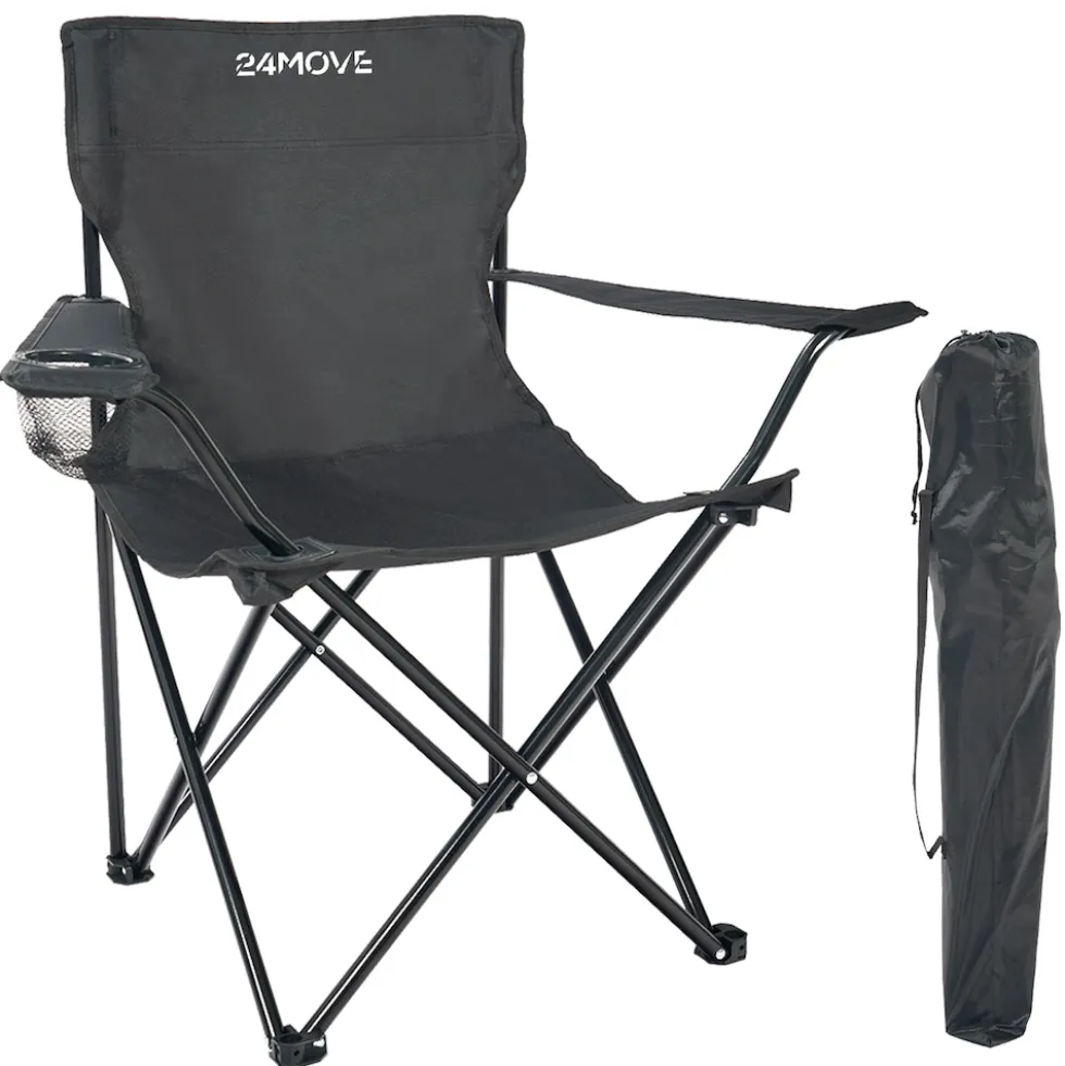 24MOVE® Campingstuhl Faltstuhl, schwarz, mit Getränkehalter und Tragetasche Outdoor, faltbar max. 100kg, Angerstuhl, Klappstuhl