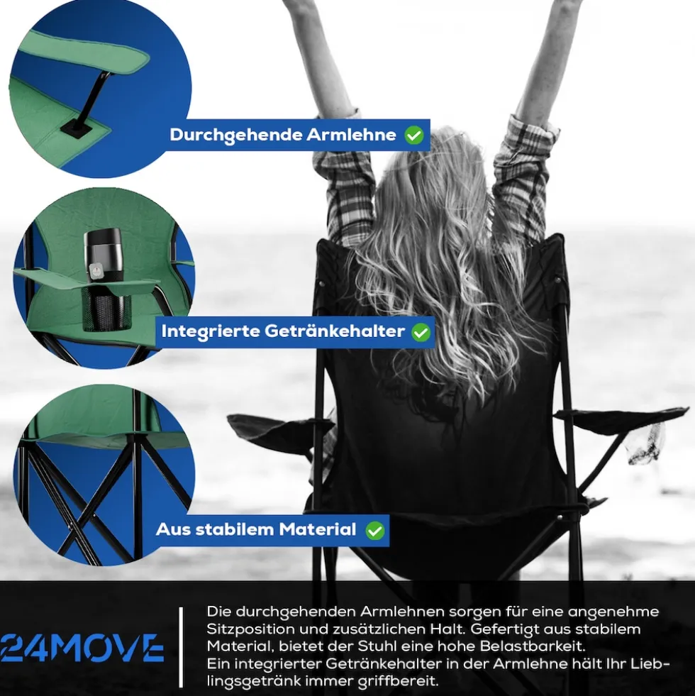 24MOVE® Campingstuhl Faltstuhl, grün, mit Getränkehalter und Tragetasche Outdoor, faltbar max. 100kg, Anglerstuhl, Polyester