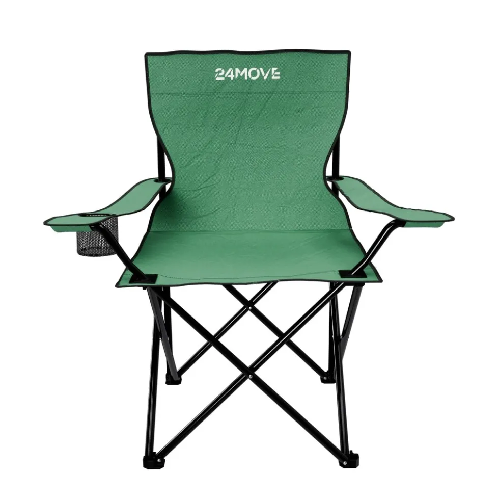 24MOVE® Campingstuhl Faltstuhl, grün, mit Getränkehalter und Tragetasche Outdoor, faltbar max. 100kg, Anglerstuhl, Polyester