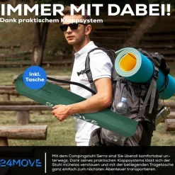 24MOVE® Campingstuhl Faltstuhl, grün, mit Getränkehalter und Tragetasche Outdoor, faltbar max. 100kg, Anglerstuhl, Polyester