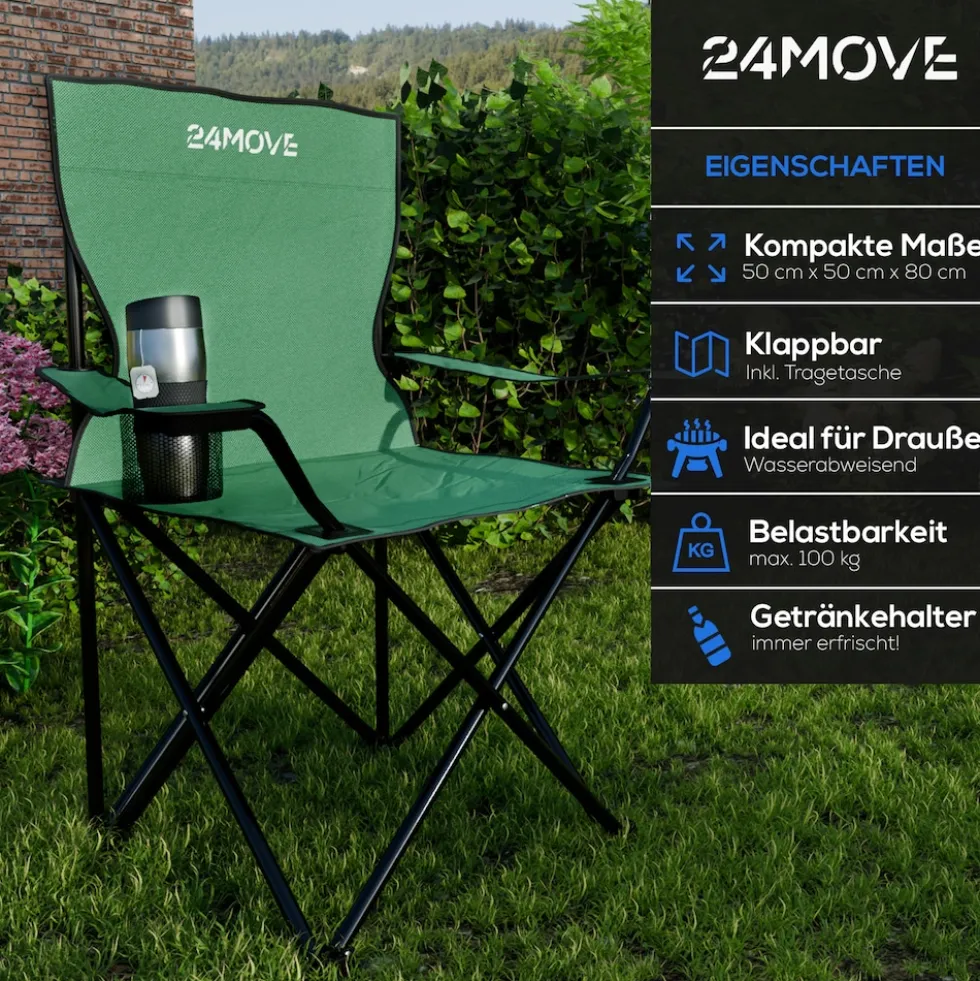 24MOVE® Campingstuhl Faltstuhl, grün, mit Getränkehalter und Tragetasche Outdoor, faltbar max. 100kg, Anglerstuhl, Polyester