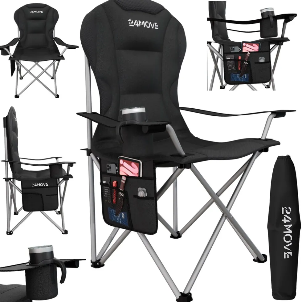 24MOVE® Campingstuhl Salvador faltbar Camping Klappstuhl gepolstert inkl. Tragetasche, bis 150kg belastbar, schwarz