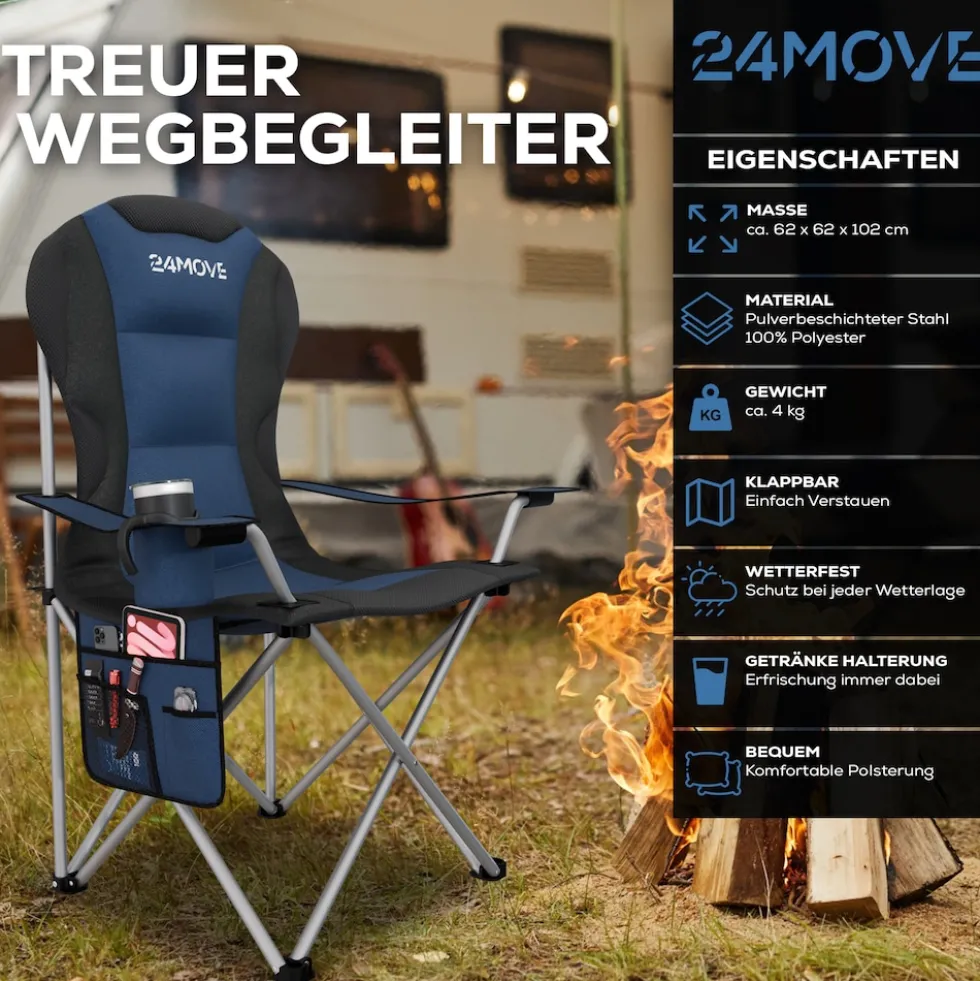 24MOVE® Campingstuhl Salvador faltbar Camping Klappstuhl gepolstert inkl. Tragetasche, bis 150kg belastbar, blau