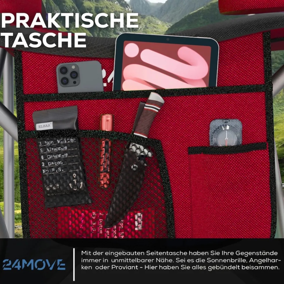 24MOVE® Campingstuhl Salvador faltbar Camping Klappstuhl gepolstert inkl. Tragetasche, bis 150kg belastbar, rot