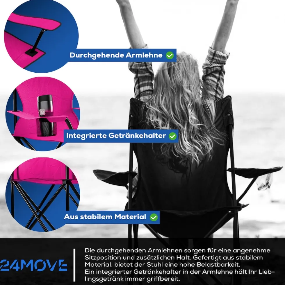 24MOVE® Faltstuhl pink Campingstuhl Anglerstuhl mit Getränkehalter - Anglersessel klappbar - Klappstuhl Gartenstuhl Faltstuhl Relaxsessel Campingsessel faltbar, Polyester, für draußen oder drinnen