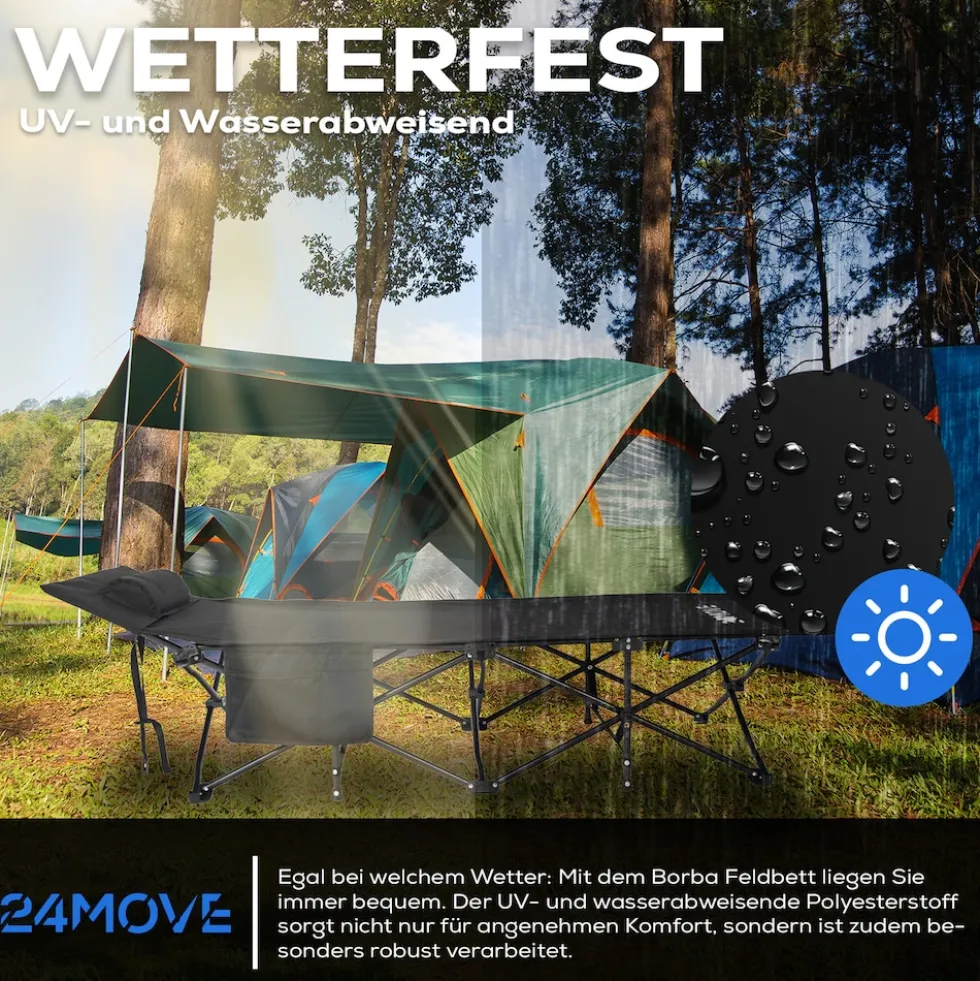 24MOVE® Feldbett Campingbett bis 150 kg In-und Outdoor Camping faltbar mit Seitentasche und Kissen