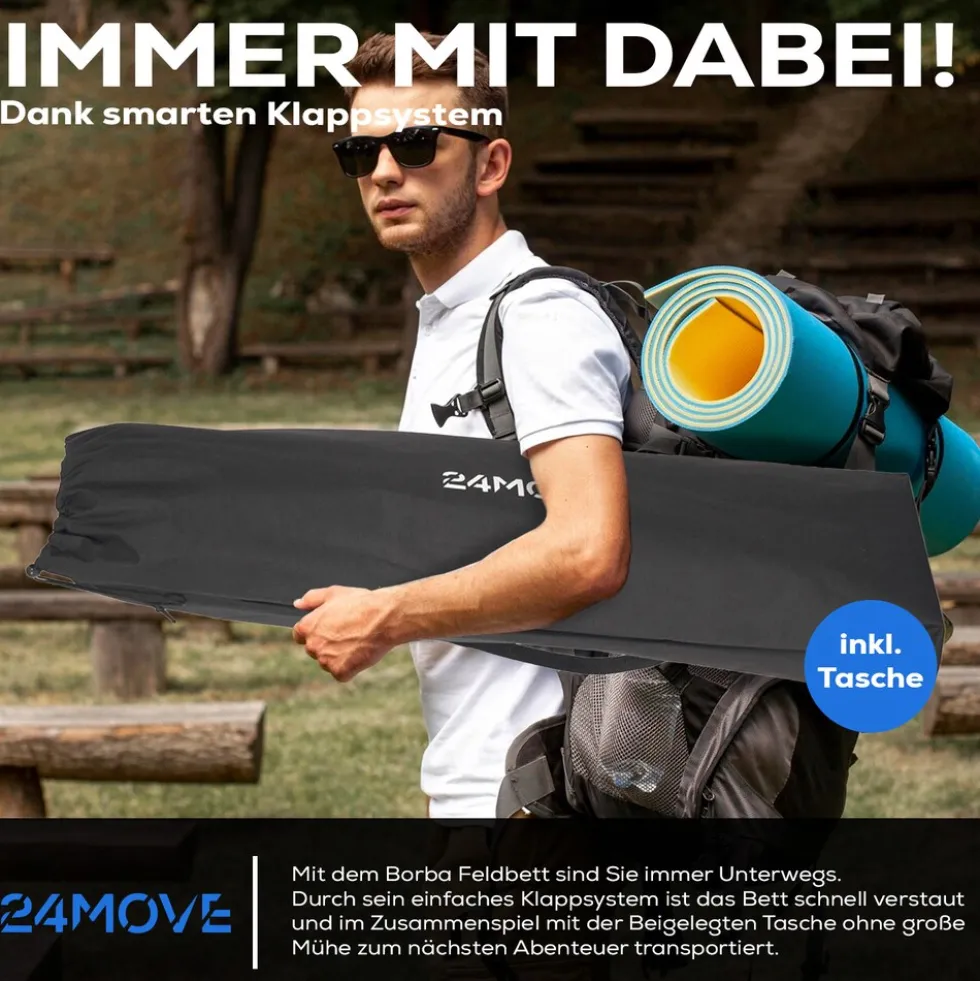 24MOVE® Feldbett Campingbett bis 150 kg In-und Outdoor Camping faltbar mit Seitentasche und Kissen