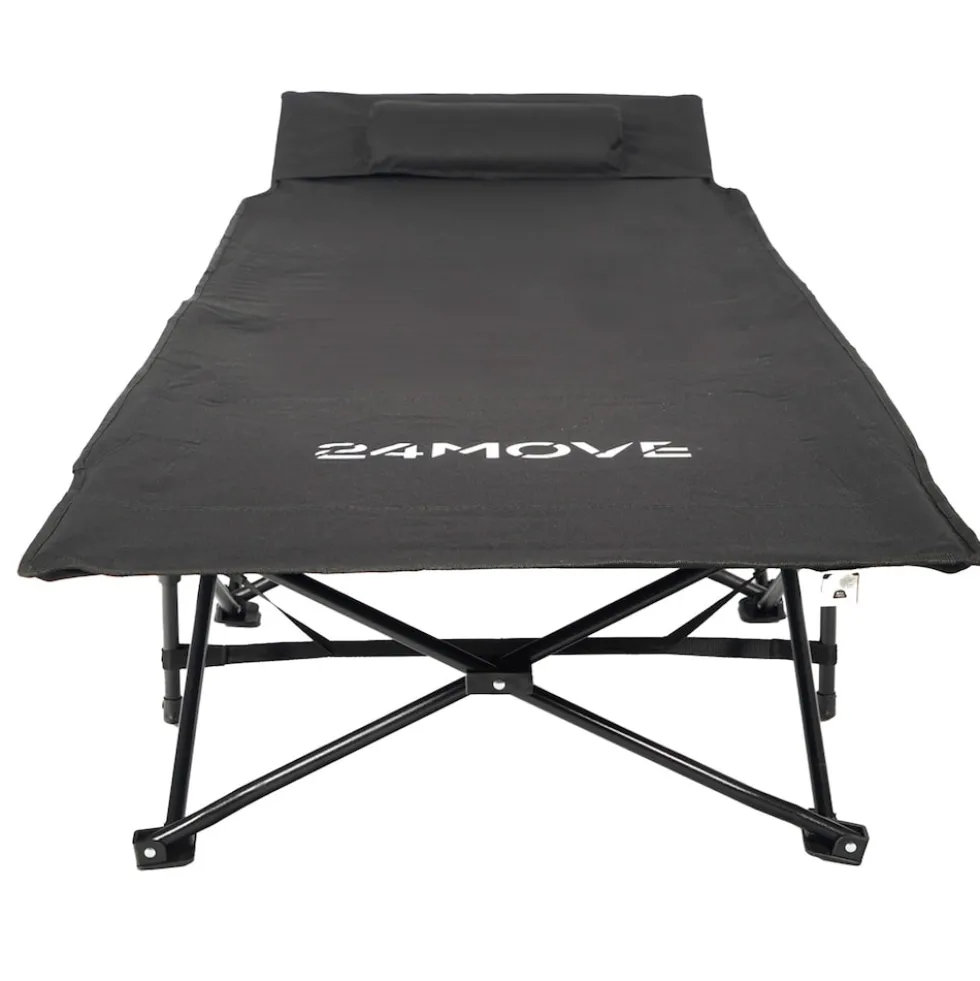 24MOVE® Feldbett Campingbett bis 150 kg In-und Outdoor Camping faltbar mit Seitentasche und Kissen