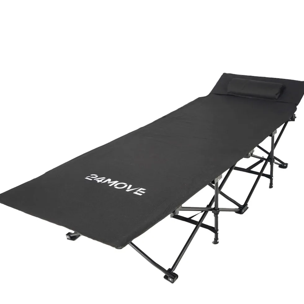 24MOVE® Feldbett Campingbett bis 150 kg In-und Outdoor Camping faltbar mit Seitentasche und Kissen