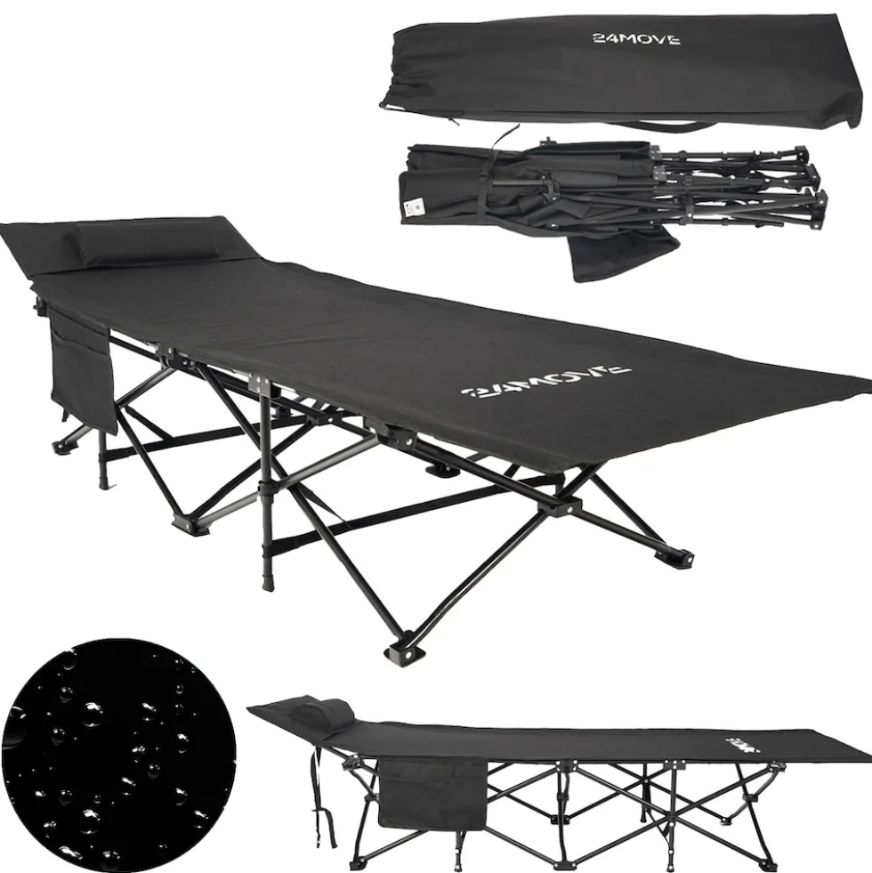24MOVE® Feldbett Campingbett bis 150 kg In-und Outdoor Camping faltbar mit Seitentasche und Kissen