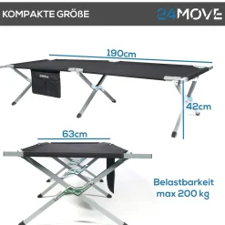24MOVE® Feldbett Campingbett bis 180 kg In-und Outdoor Camping faltbar, inkl. Tragetasche für einfachen Transport