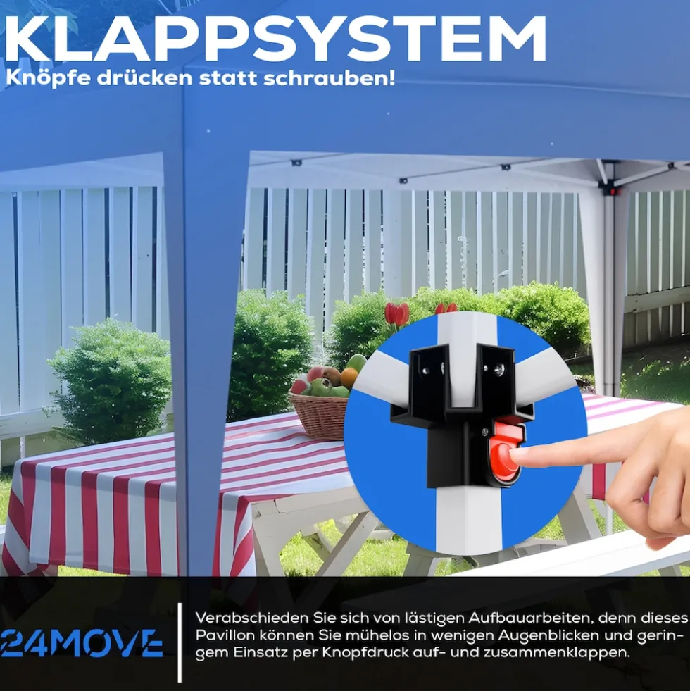 24MOVE® Pavillon Santos 3x3m Pop-Up UV-Schutz 50+ Wasserdicht & winterfest mit Tasche faltbar & stabil, für Camping & Garten Faltpavillon - Partyzelt Blaullon Faltpavillion SANTOS 3x3M Pop Up wasserdicht klappbar, blau