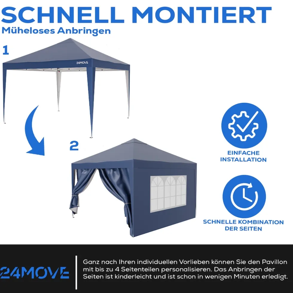 24MOVE® Pavillon Seitenteile 2er Set 2x3m mit Fenster & Reissverschluss, wasserdicht, blau - für Partyzelt, Festzelt, Festivals