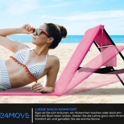 24MOVE® Strandmatte 2er Set klappbar mit Rückenlehne, Strandliege mit Gurt, tragbar für Strand und Garten, Liegematte rosa