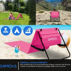 24MOVE® Strandmatte 1er Set klappbar mit Rückenlehne, Strandliege mit Gurt, tragbar für Strand und Garten, Liegematte rosa