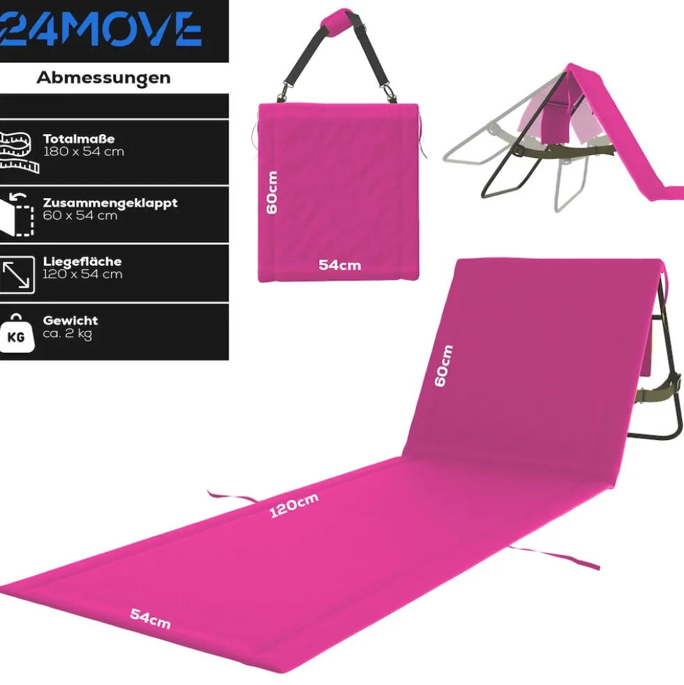 24MOVE® Strandmatte 1er Set klappbar mit Rückenlehne, Strandliege mit Gurt, tragbar für Strand und Garten, Liegematte rosa