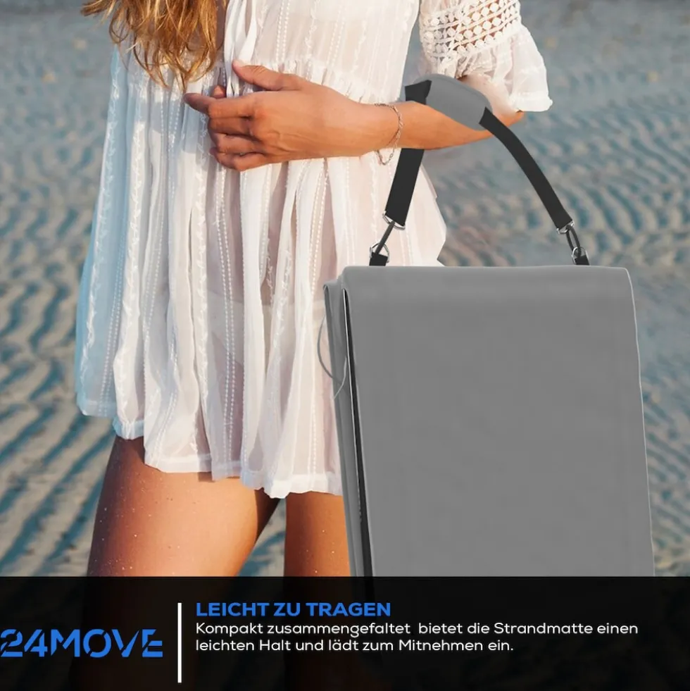 24MOVE® Strandmatte 1er Set klappbar mit Rückenlehne, Strandliege mit Gurt, tragbar für Strand und Garten, Liegematte grau