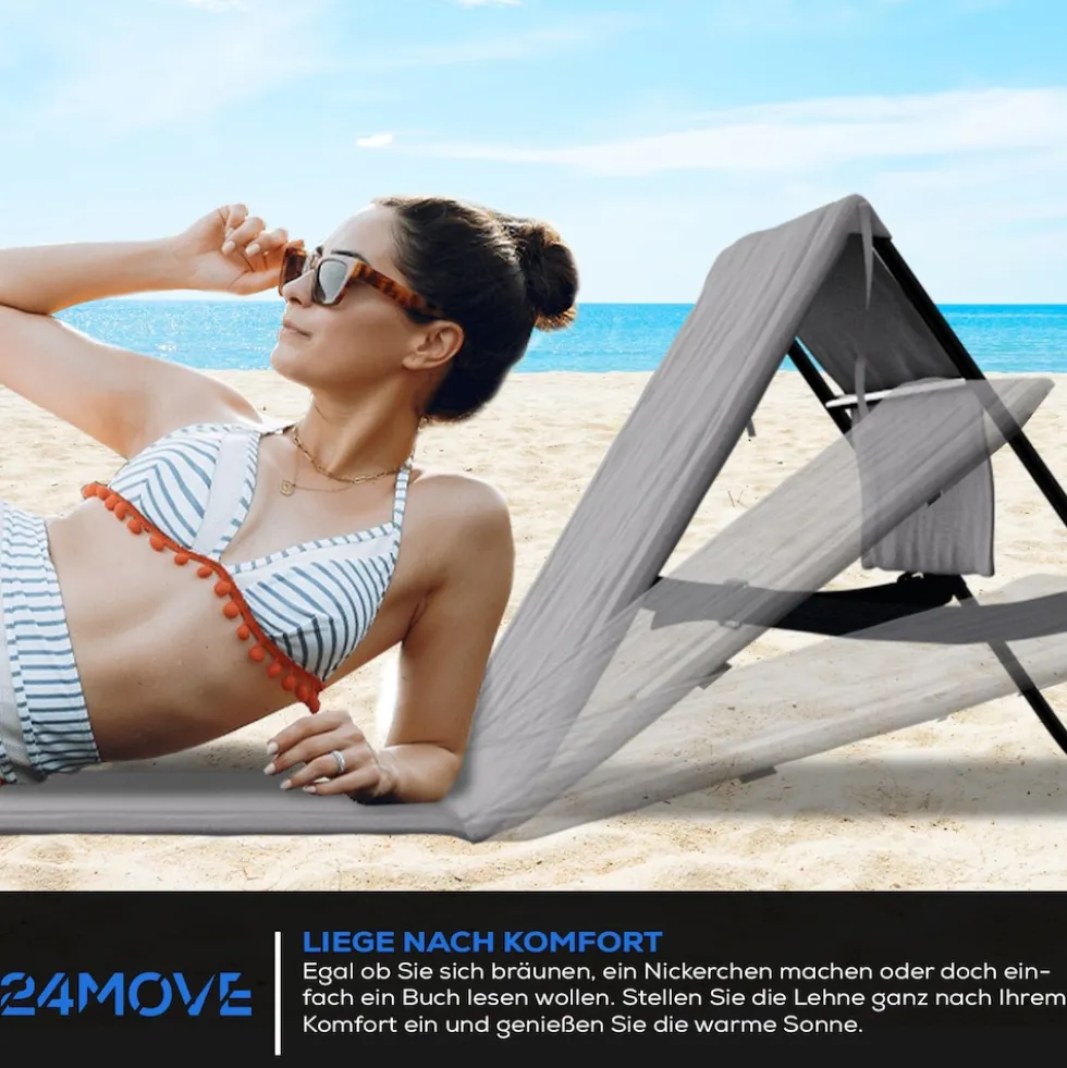 24MOVE® Strandmatte 1er Set klappbar mit Rückenlehne, Strandliege mit Gurt, tragbar für Strand und Garten, Liegematte grau