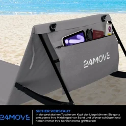 24MOVE® Strandmatte 1er Set klappbar mit Rückenlehne, Strandliege mit Gurt, tragbar für Strand und Garten, Liegematte grau