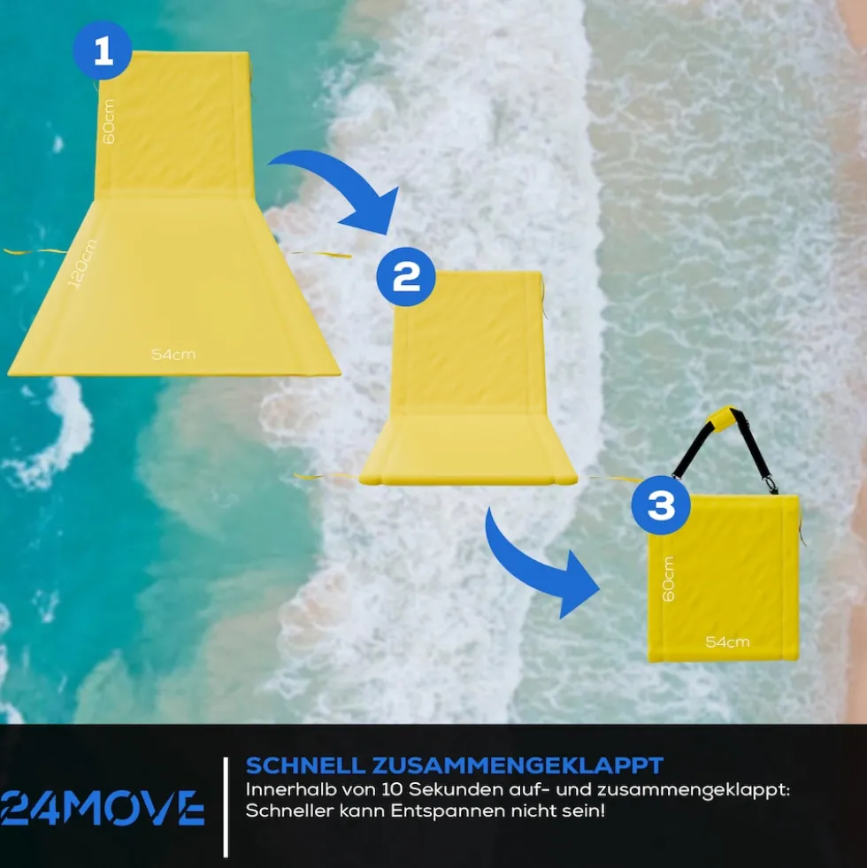24MOVE® Strandmatte 1er Set klappbar mit Rückenlehne, Strandliege mit Gurt, tragbar für Strand und Garten, Liegematte gelb