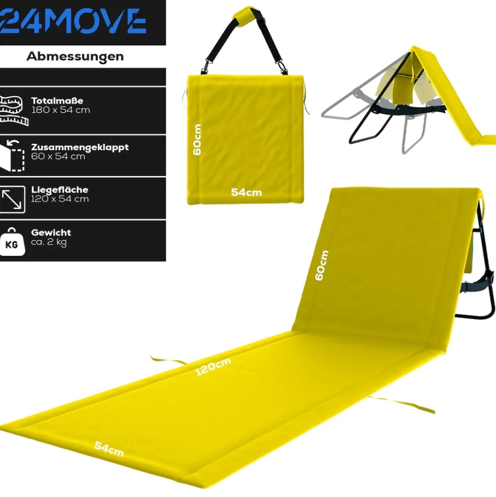 24MOVE® Strandmatte 1er Set klappbar mit Rückenlehne, Strandliege mit Gurt, tragbar für Strand und Garten, Liegematte gelb