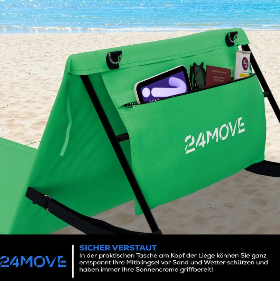 24MOVE® Strandmatte 2er Set klappbar mit Rückenlehne, Strandliege mit Gurt, tragbar für Strand und Garten, Liegematte grün