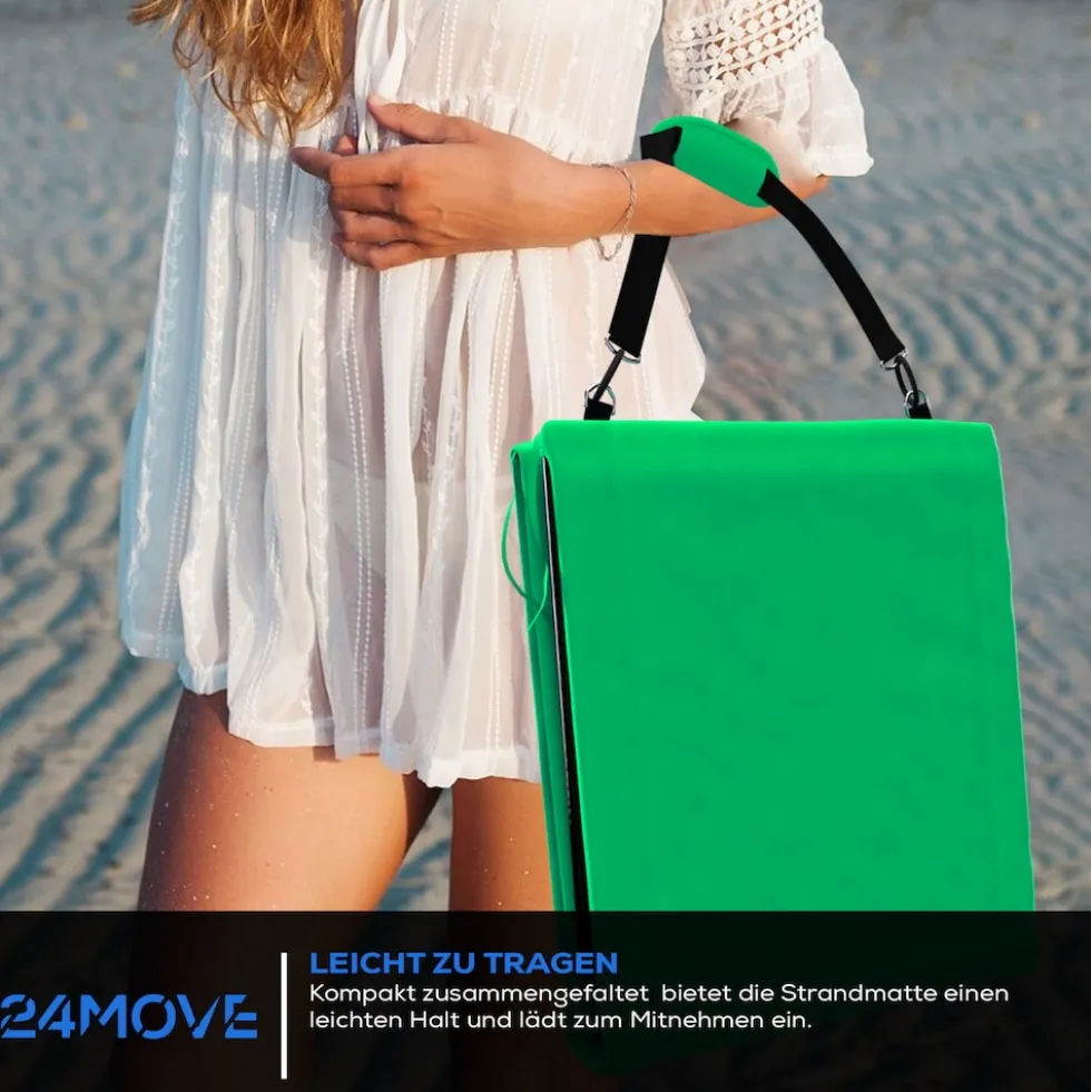 24MOVE® Strandmatte 2er Set klappbar mit Rückenlehne, Strandliege mit Gurt, tragbar für Strand und Garten, Liegematte grün