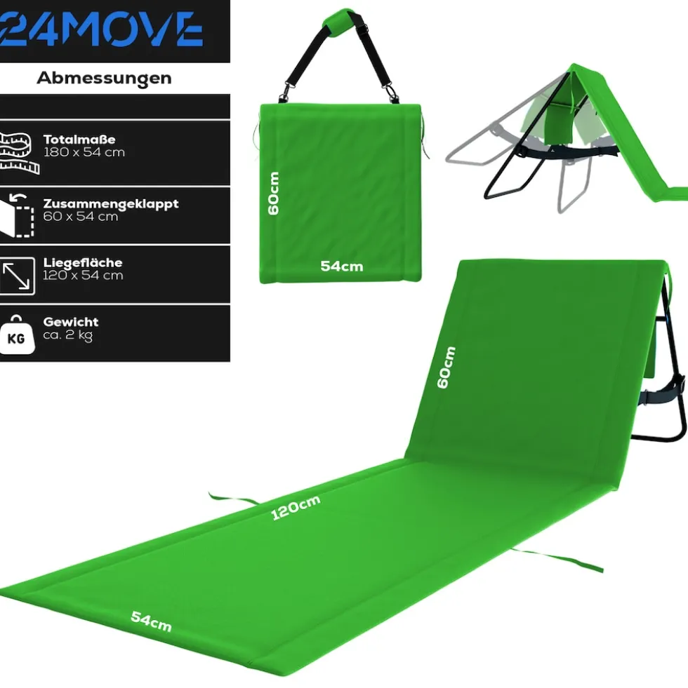 24MOVE® Strandmatte 2er Set klappbar mit Rückenlehne, Strandliege mit Gurt, tragbar für Strand und Garten, Liegematte grün