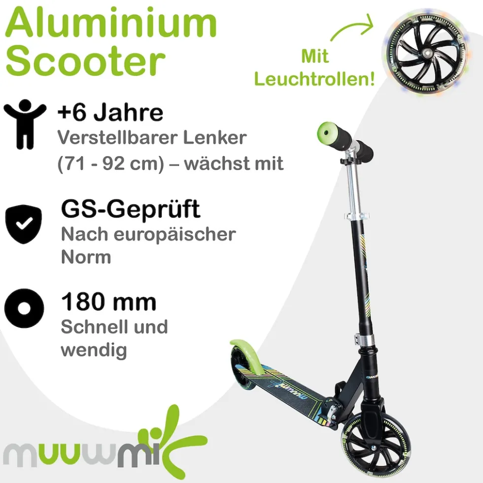 muuwmi Aluminium Scooter Neon – Tretroller, 180 mm, ABEC 5, GS-geprüft, höhenverstellbar, LED-Leuchtrollen, grün-schwarz