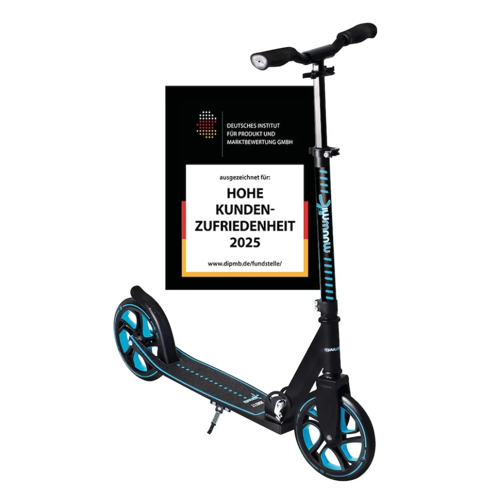 muuwmi Aluminium Scooter Pro – Tretroller, 215 mm, ABEC 7, GS-geprüft, höhenverstellbar, XL-Deck, BMX-Lenker, blau