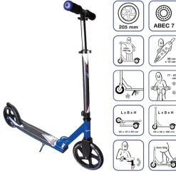 muuwmi Aluminium Scooter – Tretroller, 205 mm, ABEC 7, für Kinder und Erwachsene, GS-geprüft, höhenverstellbar, blau