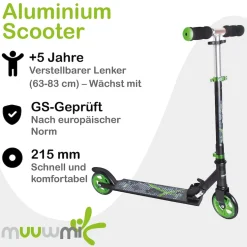 muuwmi Aluminium Scooter – Tretroller, 125 mm, ABEC 5, GS-geprüft, höhenverstellbar, schwarz-grün
