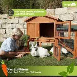 MyAnimal Hasenstall MH-03 Doppelstockhaus mit Garten, Freilauf, Kiefernholz, verzinkter Draht (Braun 2.0)