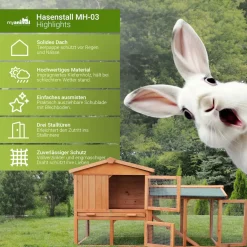 MyAnimal Hasenstall MH-03 Doppelstockhaus mit Garten, Freilauf, Kiefernholz, verzinkter Draht (Braun 2.0)