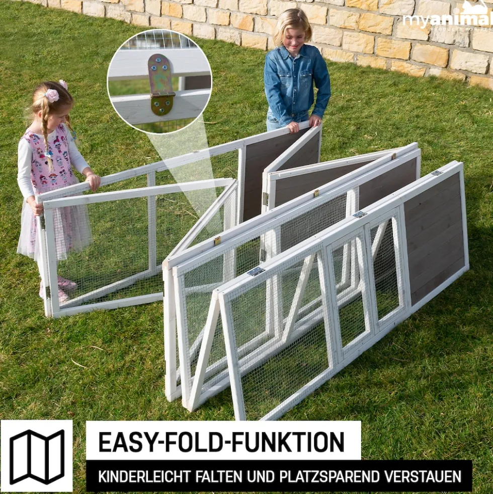 MyAnimal Hasenstall MH-06 Freilaufgehege, Kaninchenstall XXL, mit Unterstand, Simple-Fold, Vollholz (Grau)